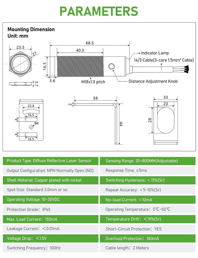 [Australia - AusPower] - DIHOOL Photoelectric Proximity Sensor, Laser Motion Switch,IP65 Waterproof, Normally Open NPN NO, M16, 3 Wires,12V/24V Input(10-30VDC), Detection Distance Adjustable from 3cm to 80cm 