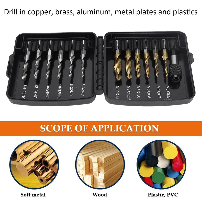 [Australia - AusPower] - Tapping Bits Set, High Hardness Combined Tap Drill 13Pcs HSS with Fast Change Adapter for Drilling for Metal 