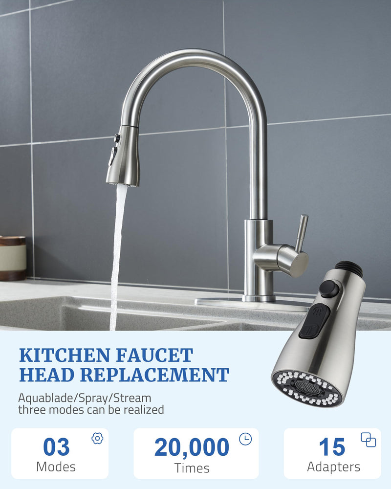 Metal Kitchen Faucet Head Replacement - with 15 Adapters, Low-Lead Sprayer Head for Pull Down Sink Faucet, 3-Mode Stainless Steel Spray Nozzle, Compatible with Delta, Moen, Kohler, Brushed Nickel