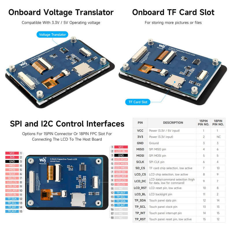 Waveshare 3.5 inch Capacitive Touch Display Module, Compatible with Raspberry Pi 5/4B/3B/Zero/Zero W/Zero 2W/Pico/Pico W/Pico WH// ESP32/Arduino, 320 × 480 Resolution, IPS Display