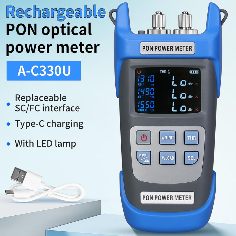 [Australia - AusPower] - Rechargeable Fiber Optic PON Optical Power Meter A-C330U SCUPC FCUPC Interface PON Network Tester 1310nm 1490nm 1550nm Fiber Optic Tester Handheld PON Optical Power Meter Testing Tool 