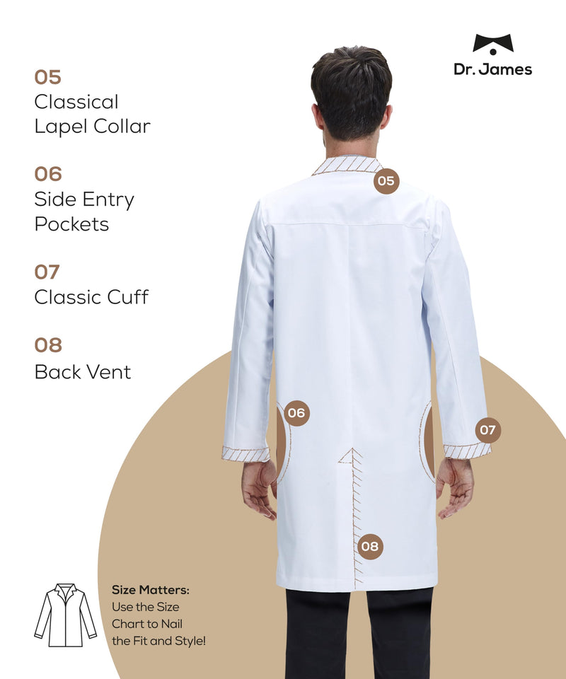 Dr. James Unisex Lab Coat – White Medical Coat, Classic Fit, 3 Pockets + Phone Slot, Safety Snaps, OEKO-TEX® Certified S (Men S / Women M)