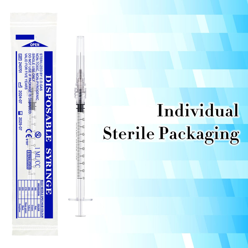 [Australia - AusPower] - 100 Pack 1ml Syringes with Needle 27G 1/2 Inch - Disposable Luer Lock Dispensing Syringe, Individually Wrapped 1ml 27g 0.5" 