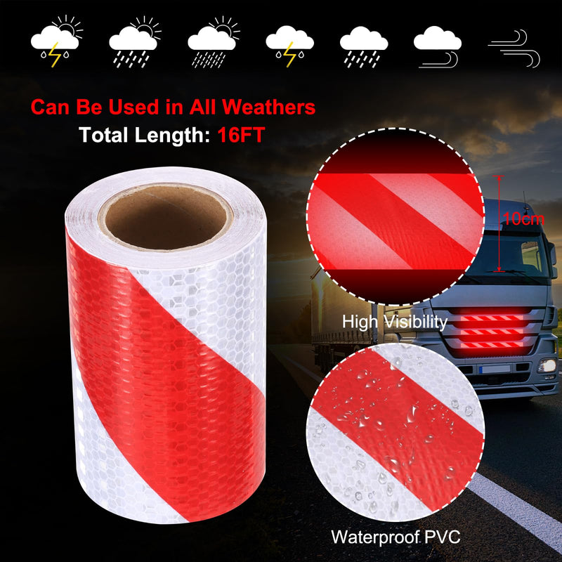 MECCANIXITY Reflective Tape, 4 Inch x 16 ft Warning Safety Sticker Night Reflectors Self-Adhesive Trailer Reflector Twill Tape for Cars Trucks Trailer, Red White 4 Inch x 16 Feet