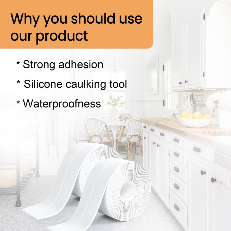 [Australia - AusPower] - White Caulk Tape Waterproof Self Adhesive, Bathroom Caulking Tape,Sealer Strip for Toilet Base Shower Wash Basin Sink, Easy to Use with Silicone Caulking Tool, Multifunction Middle Crease Design 