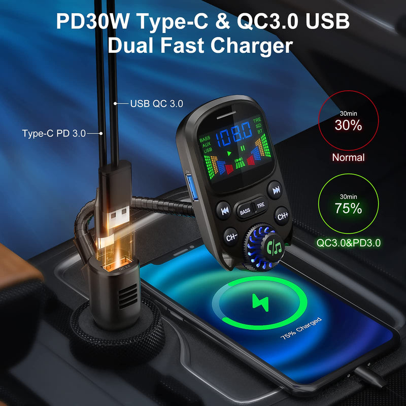 [Australia - AusPower] - Bluetooth 5.3 FM Transmitter for Car- SOARUN Bluetooth Car Adapter PD30W & USB Port Fast Charge - HiFi Treble & Bass Player - 1.6" Display Hands-Free Calling - Car Radio with AUX Input/Output, TF Card PD30W+QC18W Ferrous 