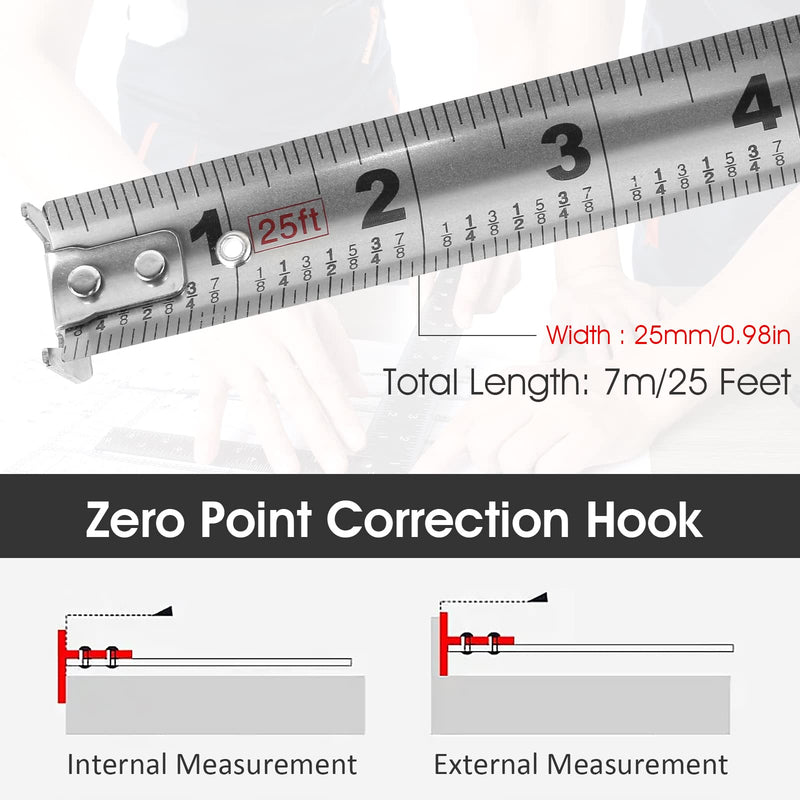 Stainless Steel Retractable Measuring Tape Easy Read Measuring Tape Tape Measure with Double-Sided Scale Waterproof Tape Measure for Household Agricultural Industrial Woodworking (25 ft)