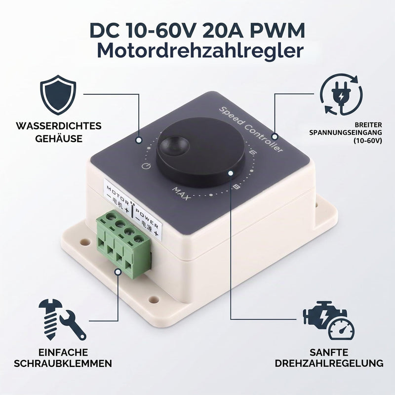 Walfront Motor Speed Controller, PWM DC Motor Speed Controller DC 10-60V 20A Waterproof, IP67, Manual, 10A, 240W