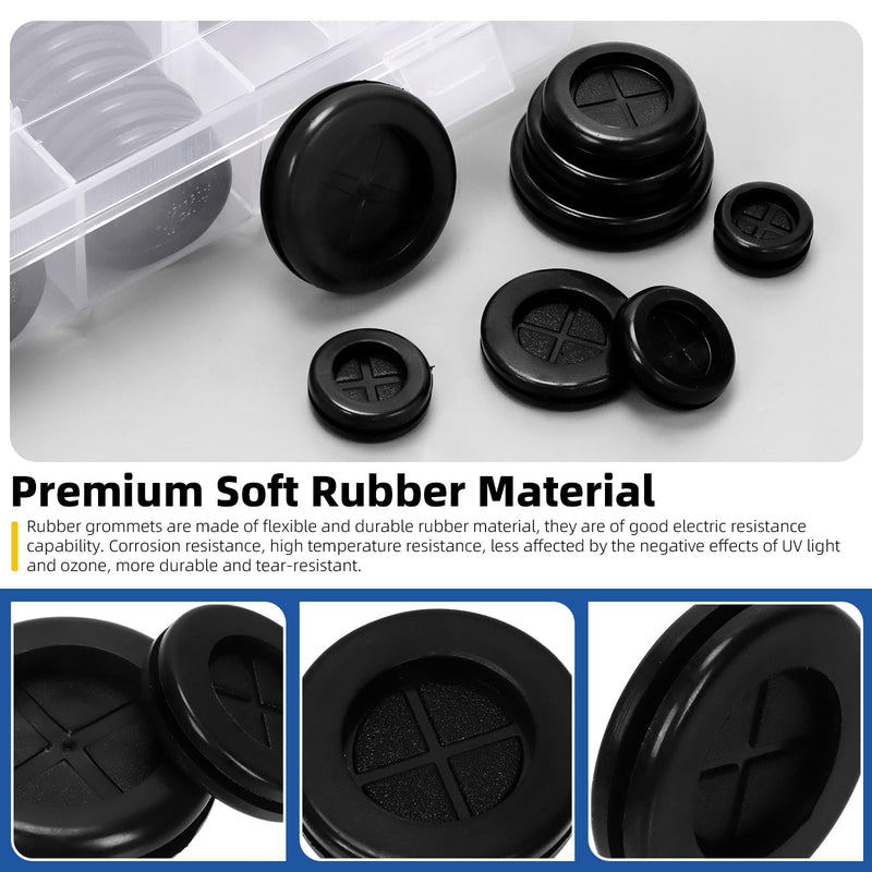 Glarks 100Pcs 16/20/22/25/27/30/35/38mm Double Sided Rubber Grommet Set, 8 Sizes Black Round Rubber Hole Plugs Closed Firewall Hole Plug Rubber Gasket for Wire, Cable Protection 101