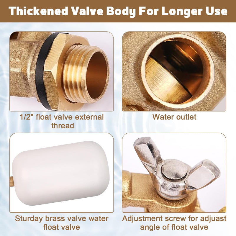 Water Float Valve 1/2 inch, Brass Float Ball Valve with Adjustable Arm, Automatic Fill and Water Level Control Valve for Water Trough,Fountains,Water Tank,Ponds,Pool,Aquariums