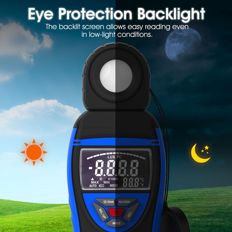 [Australia - AusPower] - Illuminance Light Meter, Digital Lux Foot Candles Meter 0.1~400,000 Lux (0.1~40,000 FC) with 270º Rotatable Detector, Lumen Meter Luxmeter for Indoor Outdoor（Blue） 