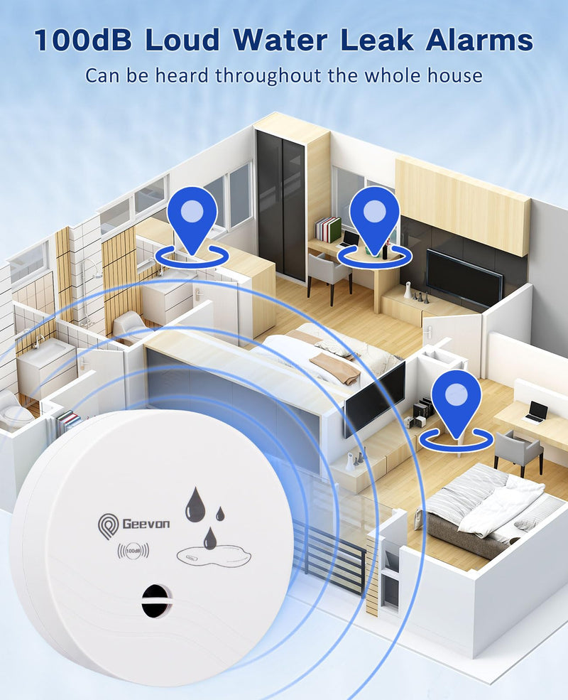 [Australia - AusPower] - Geevon 4 Pack Water Leak Detectors, 100dB Water Sensor Alarms Flood Detector for Basements, Bathrooms, Laundry Rooms, Kitchens, Garages, and Attics, Water Alarms Battery-Operated (Battery Included) White 