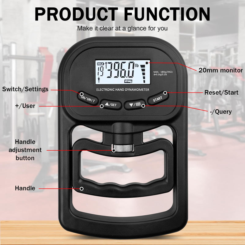 Digital Hand Dynamometer: Hand Dynamometer with LED Screen 396 lb/180 kg, Electronic Hand Grip Strength Tester Grip for Athletes and Home Use