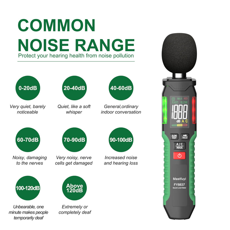 [Australia - AusPower] - Decibel Meter, Sound Level Meter 30-130 dB with A/C Weighted, Digital Audio Noise Measure Device, Portable SPL Meter with LCD Color Display, Data Hold, MAX Hold, Flashlight for Home Office Black 