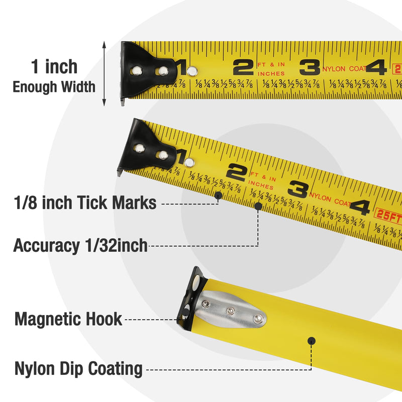 [Australia - AusPower] - WORKPRO 25FT Pink Tape Measure, 1/8 Fractions Easy Read Measuring Tape, Retractable Nylon Coating Measurement Tape Accuracy 1/32, Magnetic Hook, Belt Clip, Rubber Protective Casing 