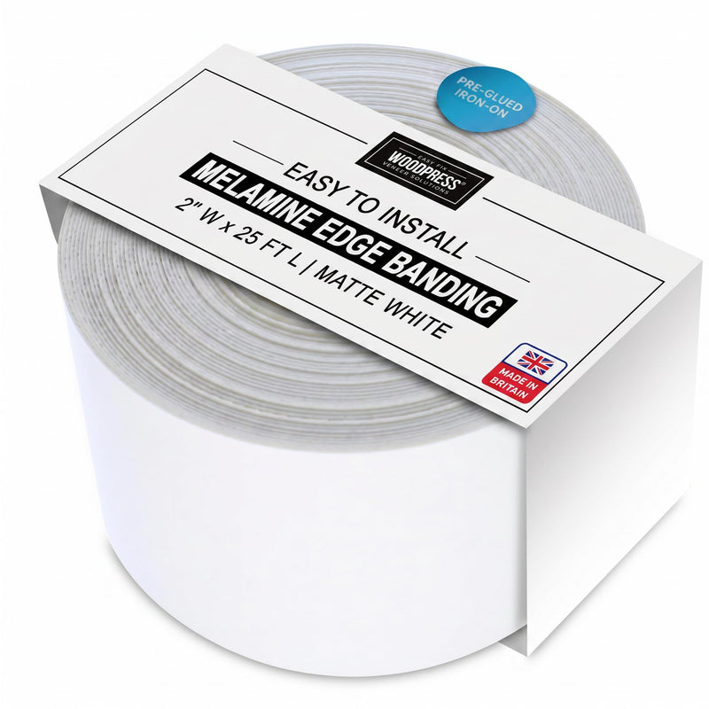 WoodPress® 2 inch Matt White Melamine Edge Banding, Pre-Glued Veneer Tape – 25 ft Roll - Iron-On for Easy DIY Application – Will Cover The Edge of a Standard 8' x 4' MDF Panel Width: 2"