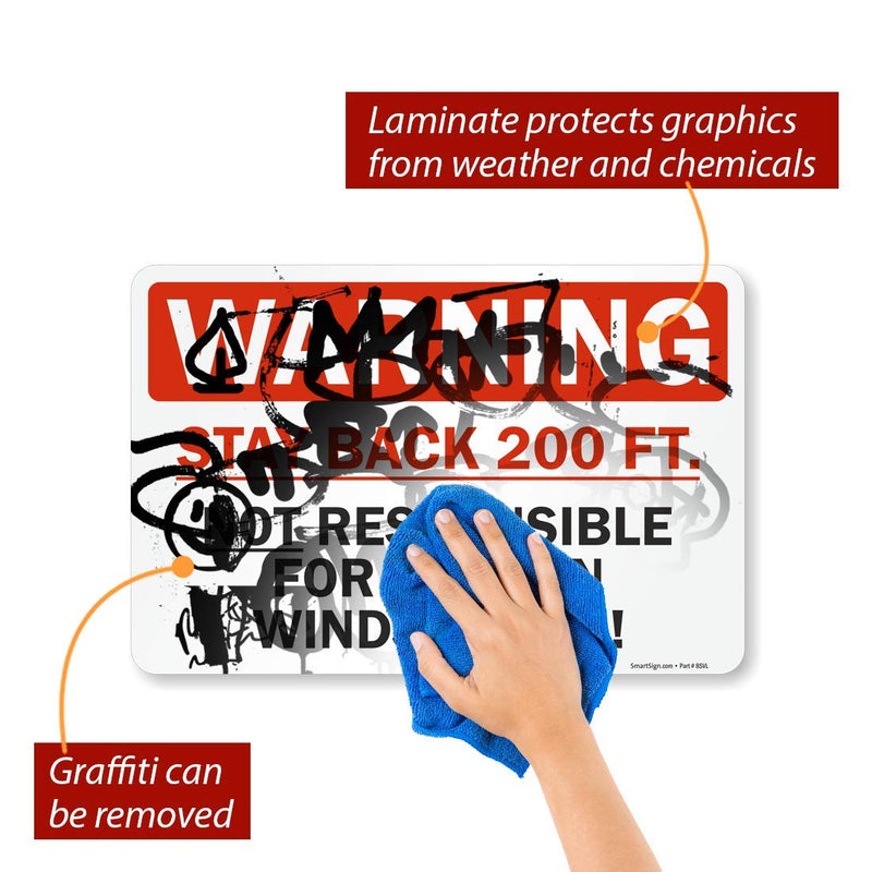 SmartSign - S-9933-RE-12x18-D1 Warning - Stay Back 200 Ft, Not Responsible For Broken Windshields Truck Label By | 12" x 18" 3M Engineer Grade Reflective Black/Red on White Warning Sign