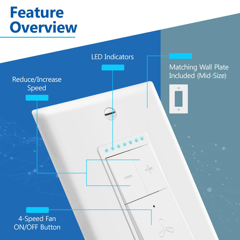 [Australia - AusPower] - LIDER Smart Fan Switch, Wi-Fi 4-Speed Fan Control Switch, Single Pole Only, 2.4GHz WiFi Remote Control Ceiling Fan Switch, Neutral Wire Required, 120V, 1.5A Motor, LED Indicator Speed, White WiFi Fan Switch 