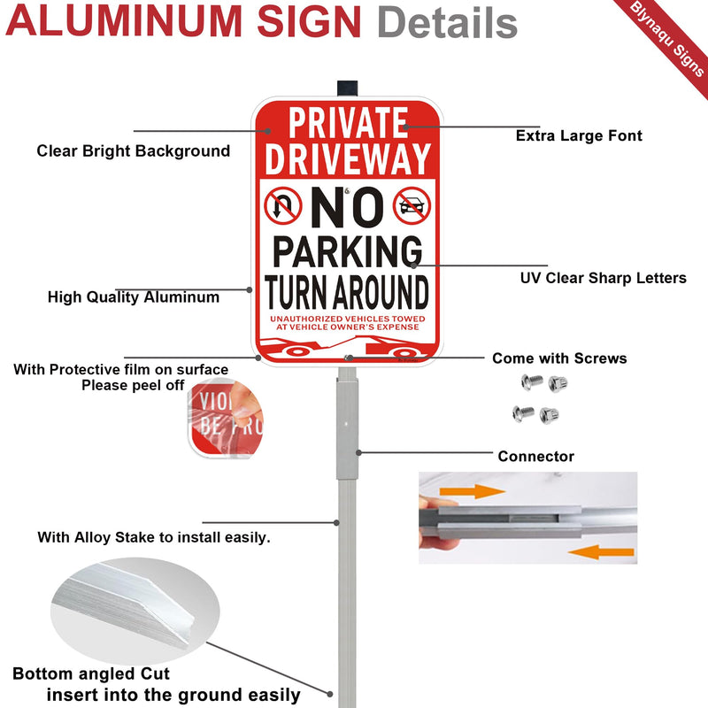 2Pack Private Driveway No Turn Around Sign, 14” x10” No Parking Signs with 36” Alloy Stake, Fade Resistant Reflective Aluminum,Waterproof, Easy to Mount 2Pack with Alloy Stake