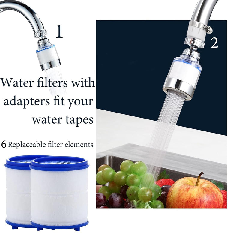 [Australia - AusPower] - Pack of 2 Transparent Tap Filter, 360° Tap Filter + 6 Polypropylene Cotton Filter Element Water Filter Tap with Interchangeable Filter Element for Kitchen, Sink, Home Bathroom 2 taps + 6 filter elements 