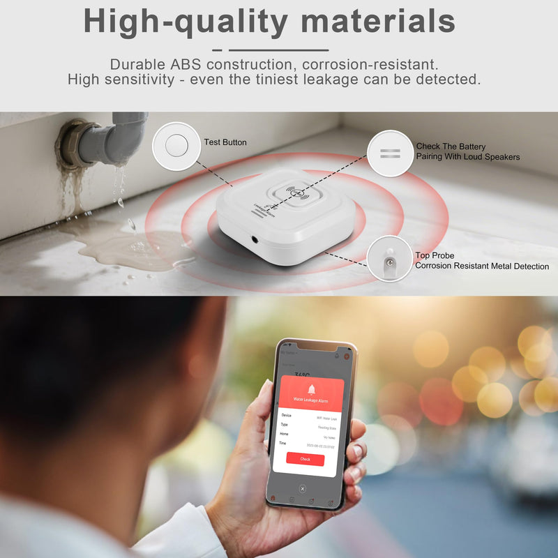 WiFi Water Leak Detectors 100dB Smart Water Sensor Alarm with 3.22 ft Sensor Cable Triple Detection Mode, with App Remote Monitor, Wireless Tank Level Monitor for Basement, Kitchen, Bathroom(1pack) 1pack