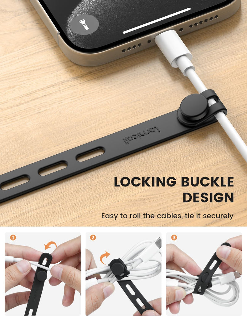 [Australia - AusPower] - 10Pack Silicone Cable Ties Cord Organizer Wrap - Lamicall [Reusable Washable] Wire Ties Management with Lock Buckle, Elastic Adjustable Charger Cable Strap Tie, Electrical Cord Keeper for Travel Home 