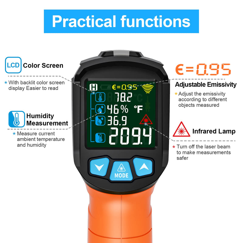 [Australia - AusPower] - MESTEK Infrared Thermometer Gun, Non Contact Digital Laser Thermometer Temperature Gun with Color LCD for Cooking, Home Repairs, Humidity Measurement, Adjustable Emissivity -58°F to 1472°F(-50~800°C) Orange -58°F to 1472°F 