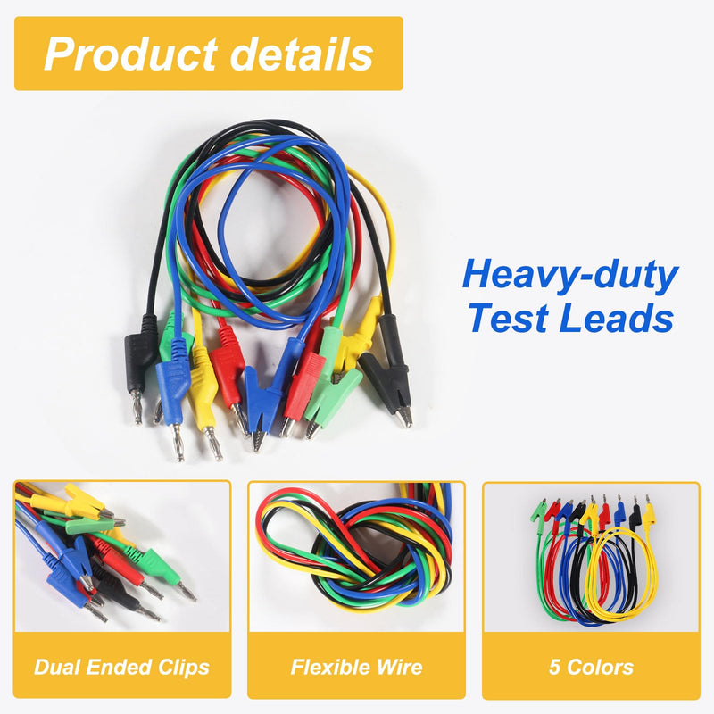 [Australia - AusPower] - 5PCS Multimeter Banana Plug to Crocodile Alligator Clip, 4mm Stackable Colorful Silicone Banana Plug to Alligator Clip, Soft Flexible Electrical Test Probe Lead Wire Cables 1M 