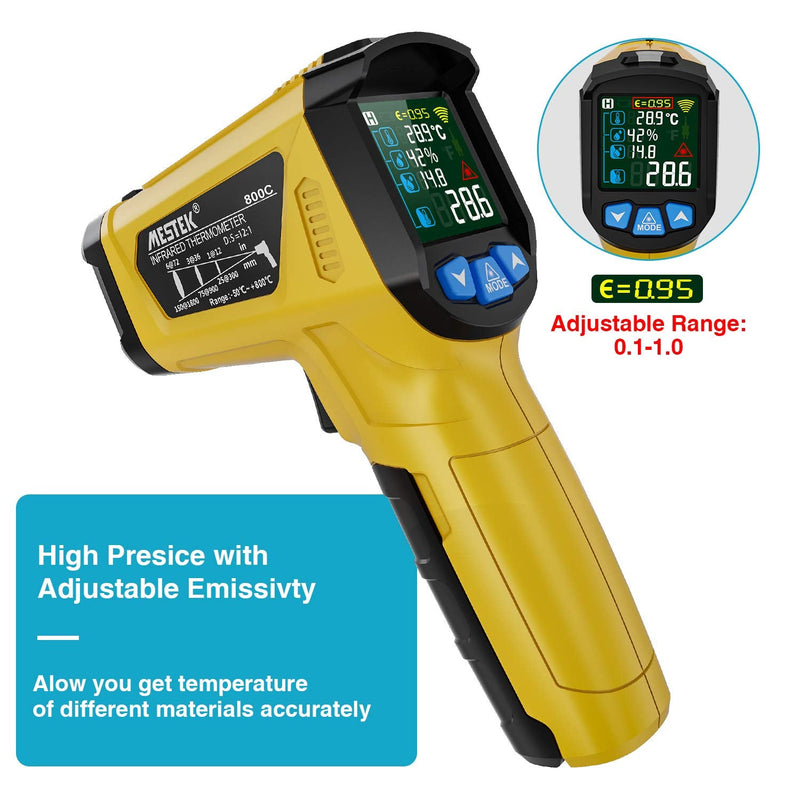 [Australia - AusPower] - MESTEK Digital Infrared Thermometer Pyrometer Laser with K-Probe -50 °C to 800 °C Non-Contact with Colour LCD Alarm Function Adjustable Emission Level Kitchen 