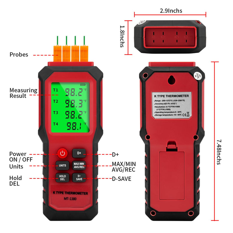 [Australia - AusPower] - YZT Meter 4-Channel K-Type Temperature Thermometer Measurement Range- 328℉~2501℉,Temperature Data Logger Comes with 4 PCS Thermocouple Probe Sensor Red 