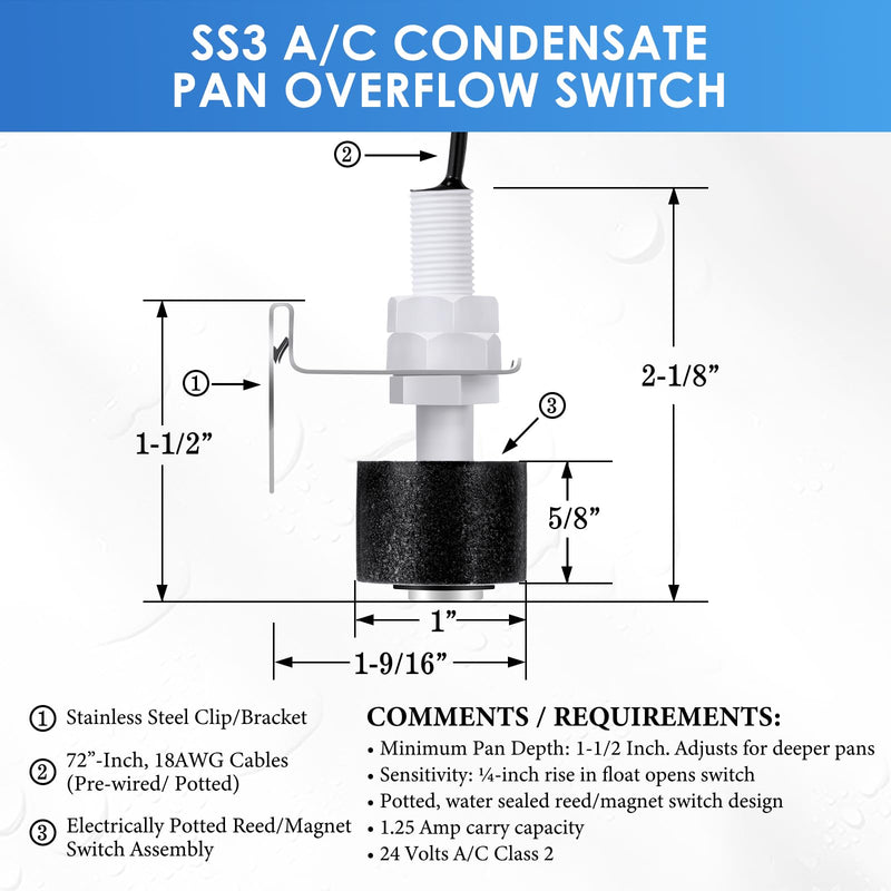 2 Pack SS3 Pan Float Switch with Condensate Overflow Detection, SS3 Condensate Overflow Switch, Water Leak Detector for HVAC System Drain Pans, Install on Primary and Auxiliary Drain Pans 2