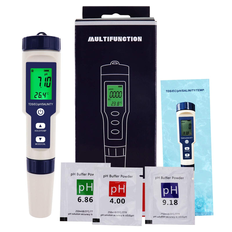 [Australia - AusPower] - Pentype Multi-Paramater 5-in-1 Water Quality Tester (pH/TDS/EC/Temp/Salinity) Waterproof Digital Meter Household Industrial Laboratory Analysis 