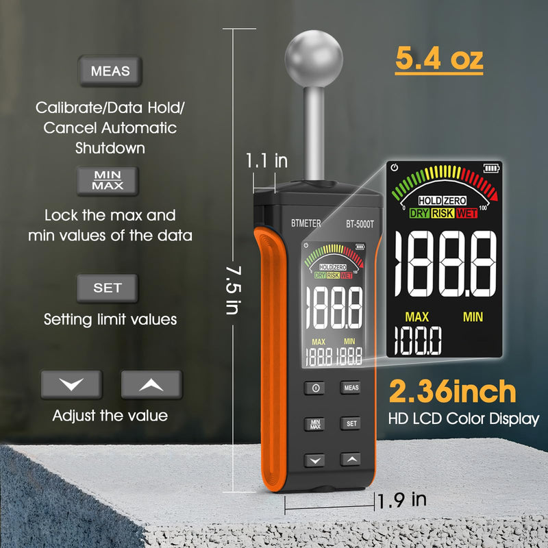 [Australia - AusPower] - BTMETER Wood Moisture Meter - Pinless Moisture Detector Measur Depth 20-40mm Non-Destructive Moisture Tester with Masonry Spherical Sensor Sound Alarm LCD Display for Firewood Walls Flooring Concrete 