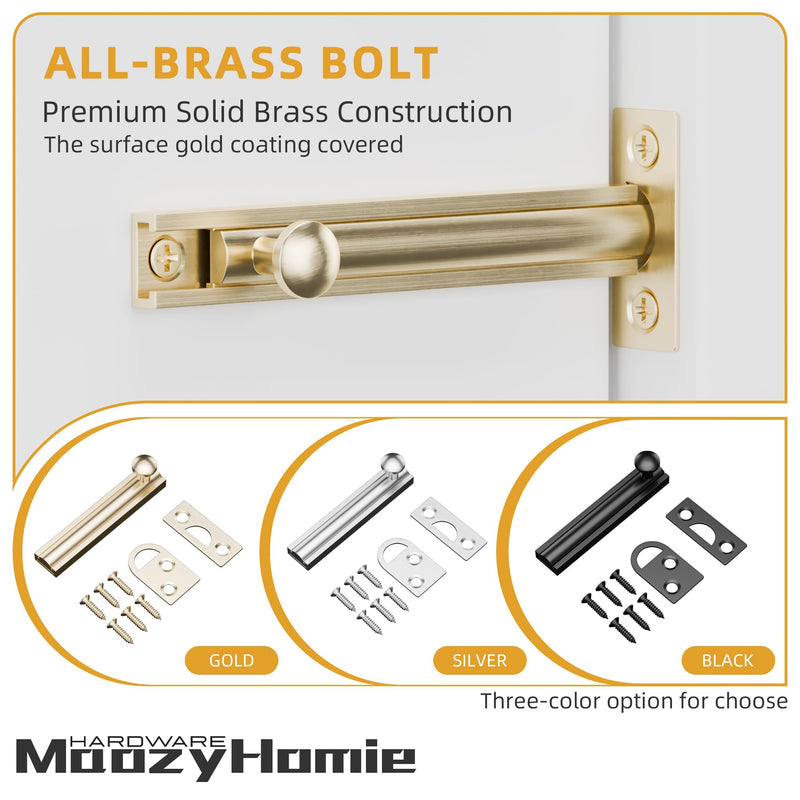 4 Inch Solid Brass Surface Bolt, Heavy Duty Concealed Slide Surface Door Bolt, Slide Bolt Latch French Door Lock with Screws for Windows Cabinet Wooden Fence Yard, Brushed Gold, 2 Pack 4 Inch Brushed Gold-2 Pack