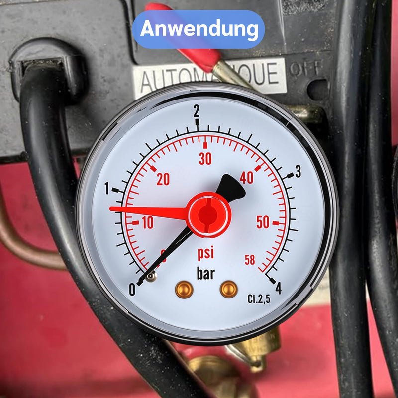 Pressure gauge, 0-4bar, G1/4, 2 inch dial, 2.5% accuracy, back connection ABS black plastic housing, with red hand