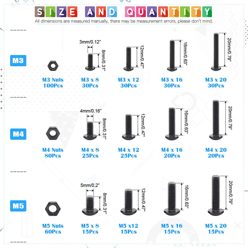 [Australia - AusPower] - Glarks 510Pcs M3 M4 M5 Alloy Steel Button Head Socket Cap Bolts Screws with Nuts Assortment Kit, Black Oxide Finish(Button Head) Hex Button Head Cap Screws Set 