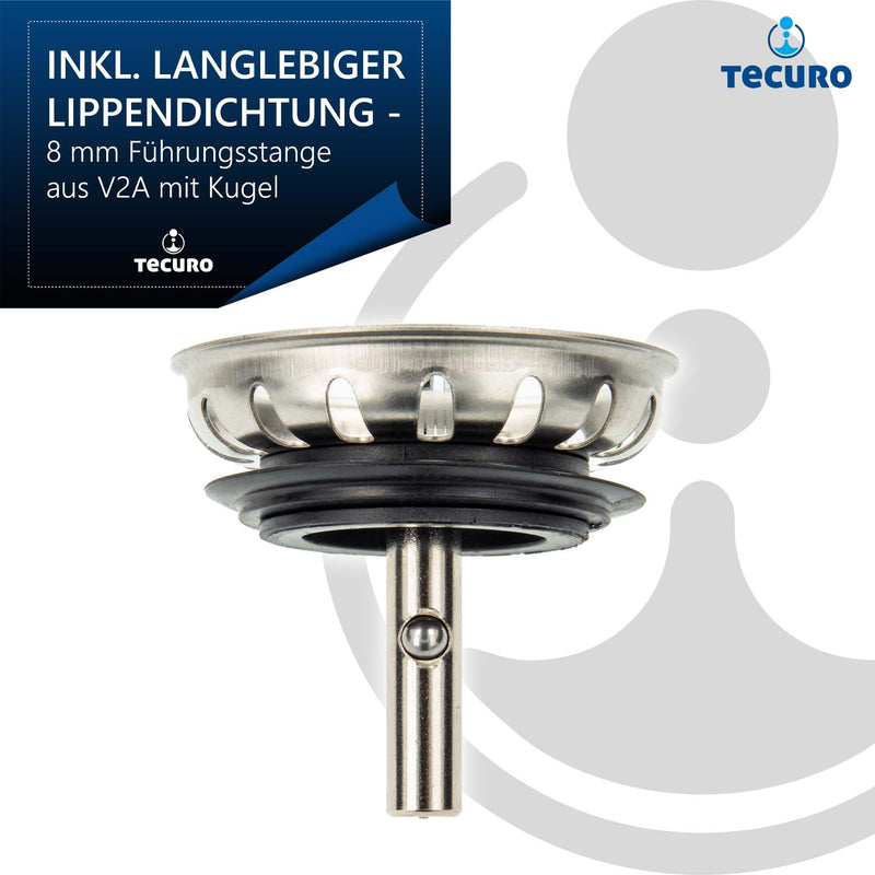 tecuro 53320 Stainless Steel Sink Drain Basket Strainer Diameter 54 mm with 8 mm Guide Rod for 1 1/2 Inch Strainer Basket Valves Including Lip Seal