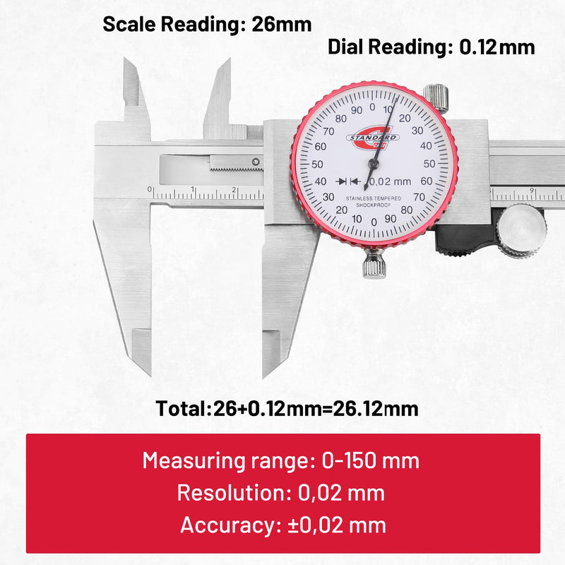 [Australia - AusPower] - Metric Dial Caliper Measuring Tool 0-150mm Range, Analog Precision Caliper ±0.02mm Accuracy, Manual Mechanical Metal Stainless Steel Measuring Dial with 4-Way Measurements Metric 