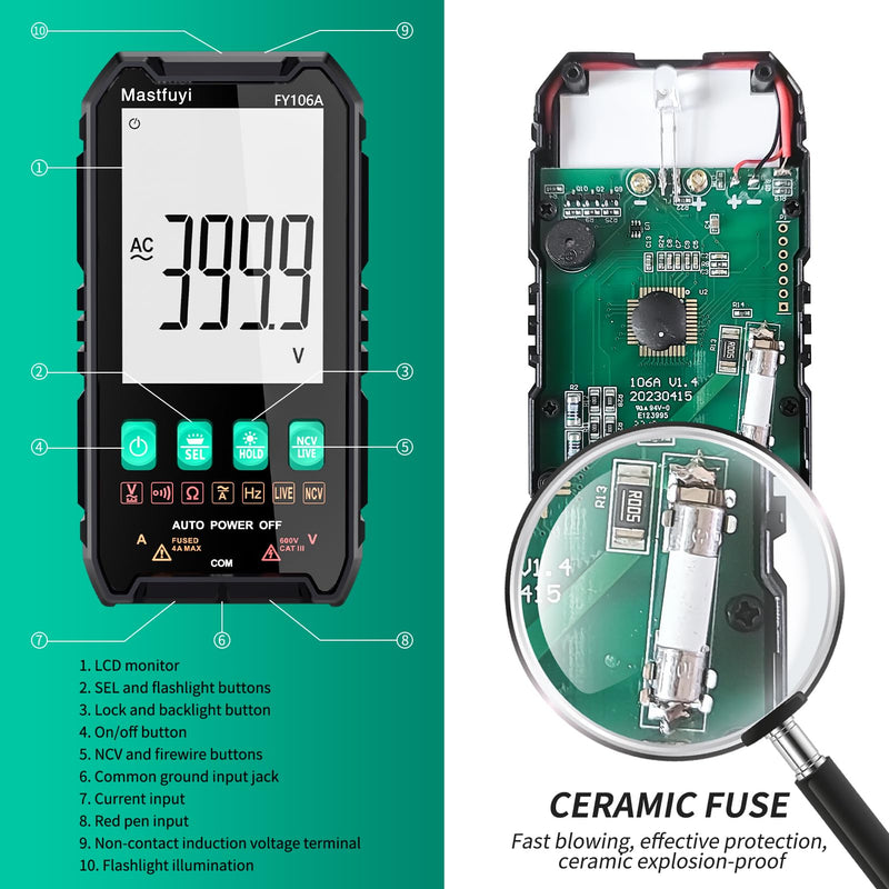 [Australia - AusPower] - Multimeter Digital, Multi Tester NCV, Compact Intelligent Electrical Tester, Auto-Ranging, Overload Protection, True RMS 4000, Backlit LCD, AC/DC Current/Voltage, Continuity, Frequency [ FY106A ] 