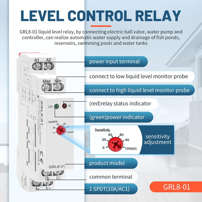 Water Level Sensor Control Relay 10A GRL8-01 AC/DC 24V-240V Liquid Level Control Relay in Din Rail, Automatic Drain and Inlet Electronic Liquid Level Controller with 5ft Detector Sensor PLT-01 GRL8-01-AC/DC 24V-240V +with 5ft Detector Sensor