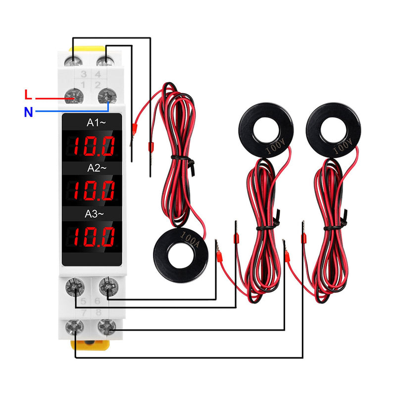 [Australia - AusPower] - 3 Phase Din Rail Voltmeter Ammeter, AC 80‑500V 1‑100A Digital Energy Meter with 3 Sensors, Voltage Current Power Meter Electricity Tester Multimeter Current Power Tester 