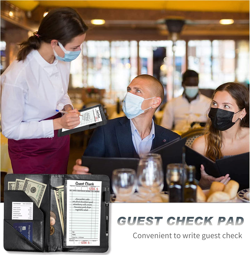 [Australia - AusPower] - Server Books for Waitress,Waiter Book Server Organizer with Zipper Pocket,PU Leather Waitress & Waitstaff Book Wallet with Card Slot Guest Check Holder-Black leopard print 5x7.7" Server Book Black leopard print 