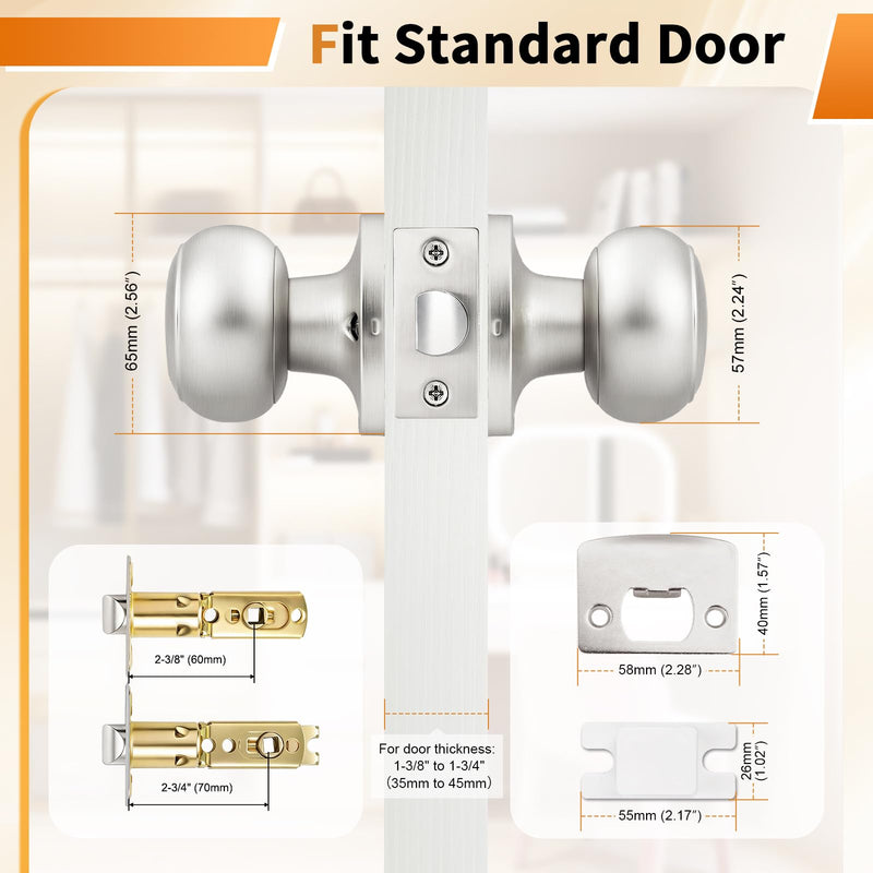 Probrico Door Knob Brushed Nickel Finish, 2 Pack Interior Door Handles with Round Rosette, Classic Colonial Knob Passage Function for Closet Hallway