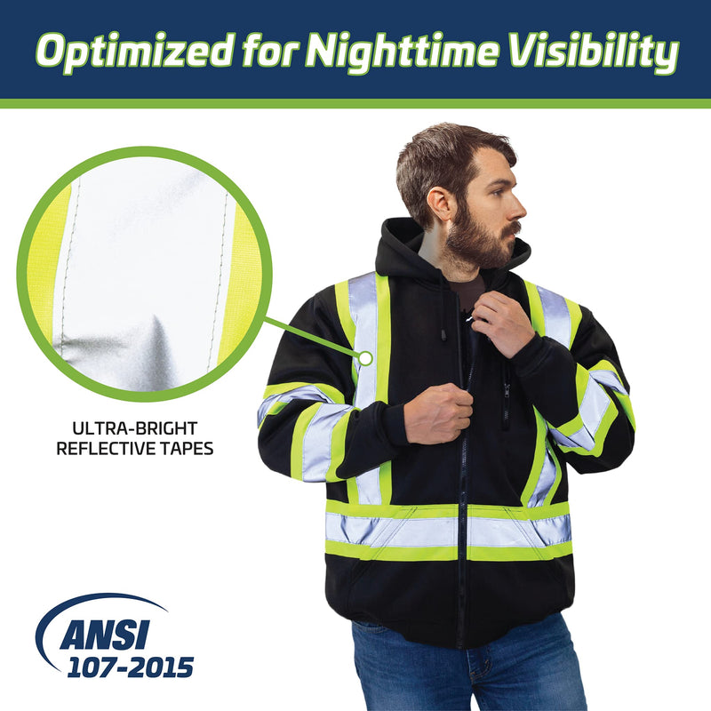 JORESTECH Hi-Visibility Full-Zip Safety Hoodie, ANSI/ISEA Compliant Reflective Work Sweater, 100% Polyester X-Large Black