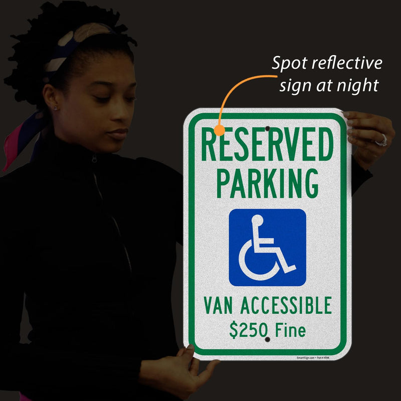 SmartSign Reserved Parking Van Accessible $250 Fine Sign with Handicap Symbol - 12" x 18", 120 mil Aluminum Composite (ACM), Engineer Grade Reflective Material, Green, Blue and White