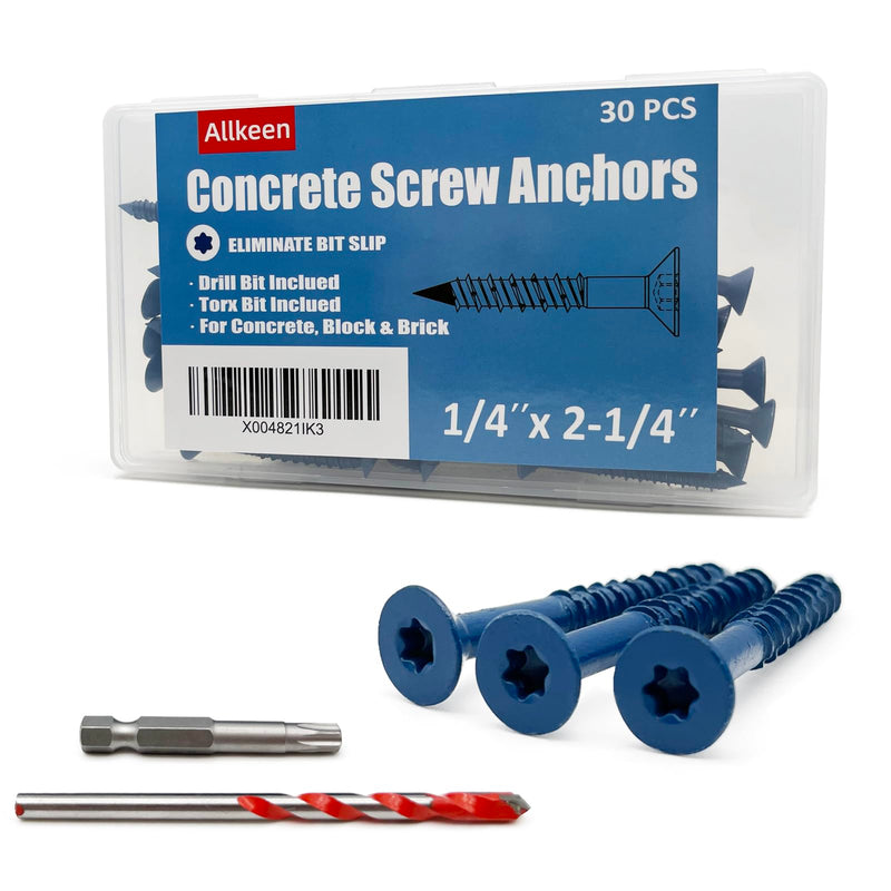 1/4"x2-1/4" Concrete Screws, Anchoring to Masonry, Brick, Block, Cement or Stucco, 30PCS 1/4''x2-1/4'' 30