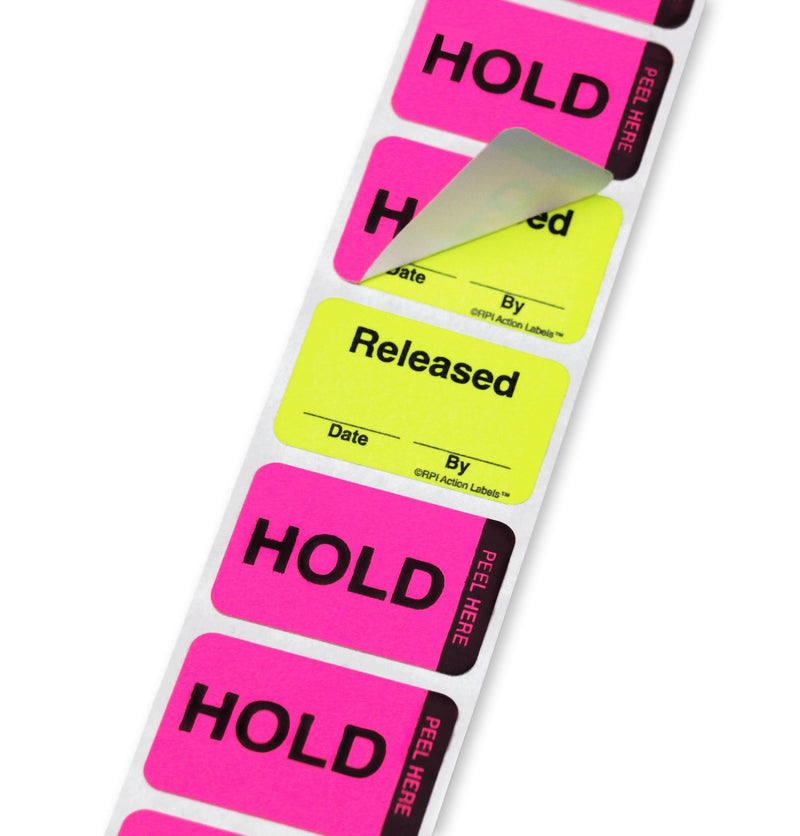 ChromaLabel 1 x 1.50 Inch Fluorescent Pink and Yellow Double Layer Quality Control Label, 250 per Dispenser Box, Imprinted: Hold, Released