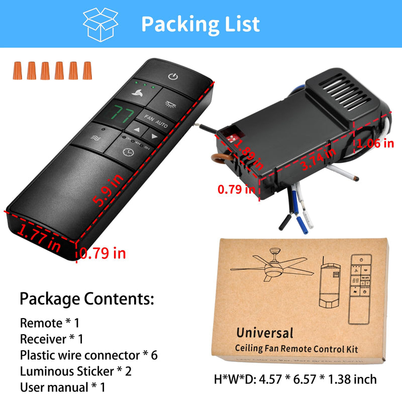 Universal Thermostatic Ceiling Fan Remote Control Kit Replacement for Hampton Bay Home Decorators Collection Hunter Harbor Breeze,w/Speed Control Timer Light Dimmer,for 2AAZPHD3/HD3 KUJCE10320/TR222A HD3 Fan Remote Kit