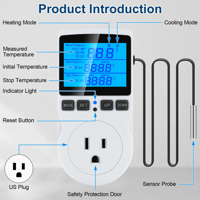 [Australia - AusPower] - Digital Temperature Controller Thermostat Timer - Reptile Thermostat Controller Day Night Timer 110V Temperature Controlled Outlet Plug Heating Cooling Control with Sensor ?TC816? TC816 