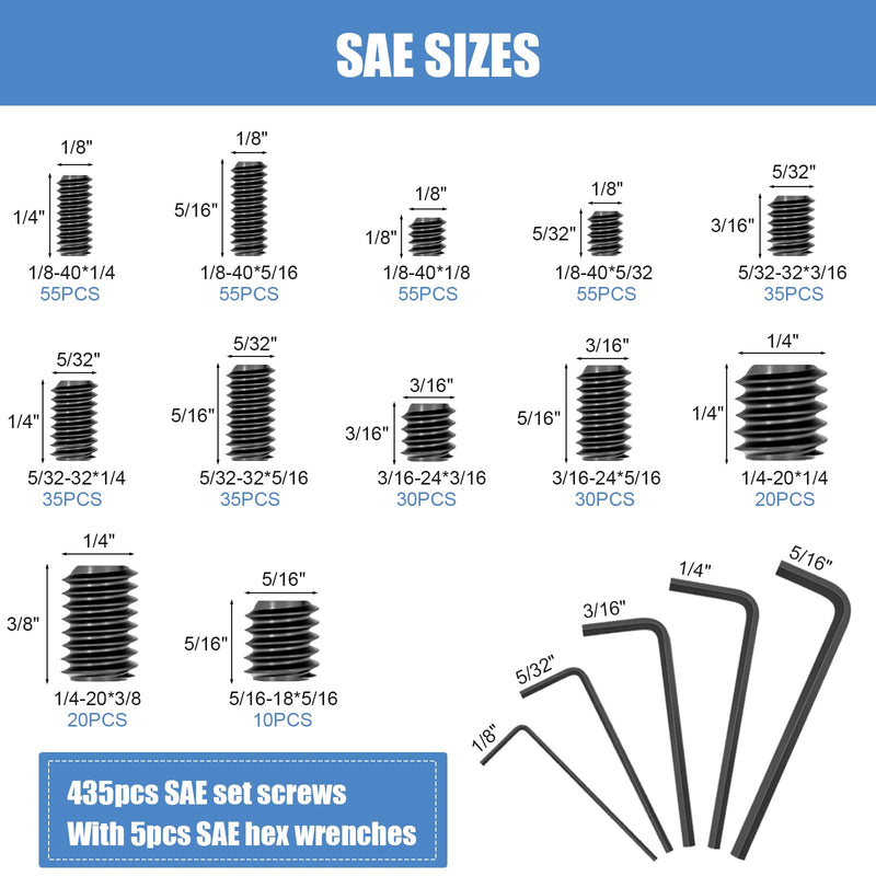 [Australia - AusPower] - 1145PCS 25 Sizes Metric & SAE Set Screw Assortment Kit,12.9 Class Alloy Steel Internal Hex Drive Cup-point Set Screws Assortment Kit with 10 Hex Wrenches, M3 to M8 and 1/8-40 to 5/16-18 1145pcs Internal Hex Drive Allen Grub Screws Set 